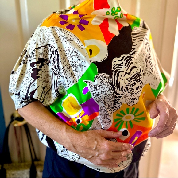 1 OF A KIND RARE Vintage Colorful Abstract Silk Scarf Blouse / Top • Size S